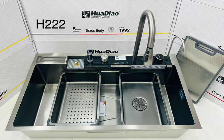 سینک ظرفشویی آبشاری هوشمند مدل پیانویی 5 کلید نمایشگردار دیجیتال طرح لانه زنبوری sus304 گرید A برند هوادیائو اصلی رنگ نوک مدادی