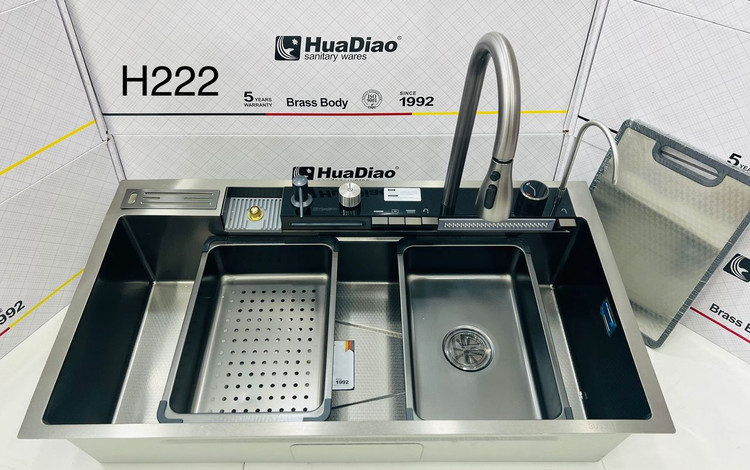 سینک ظرفشویی آبشاری هوشمند مدل پیانویی 5 کلید نمایشگردار دیجیتال طرح لانه زنبوری sus304 گرید A برند هوادیائو اصلی رنگ نوک مدادی